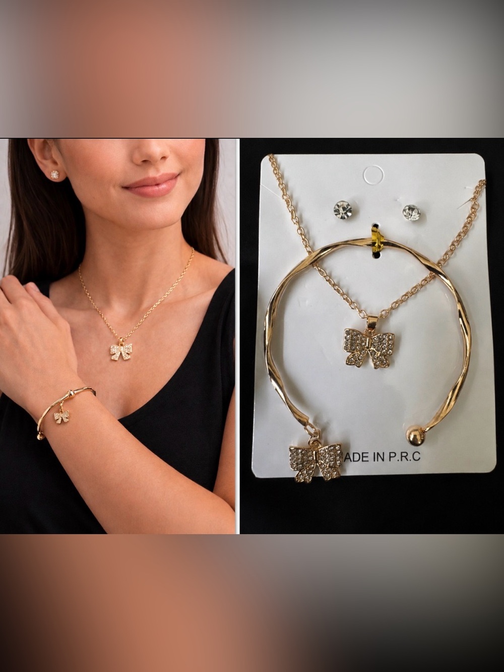 Goldtone Necklace Trio (Set of 3) CZ Necklace Earrings Bracelet BOW Charms NEW